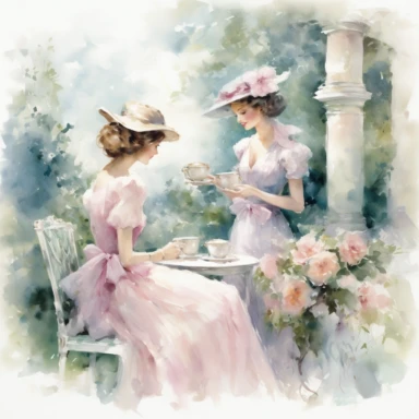Victorian Tea and Roses in a Secret Garden with victorian fashioned guests Fragrant blooms secluded nooks and whispers of romance clipart isolated on clean white background, soft pastel colors, in style of Willem Haenraets in the style of realistic waterc