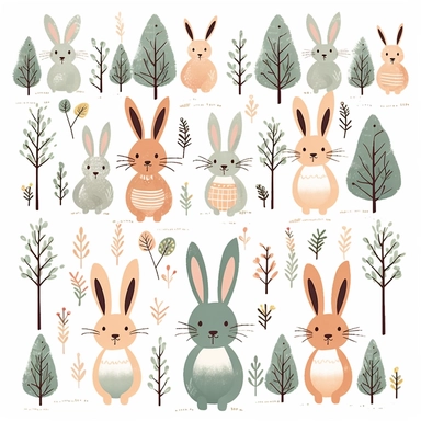bunny set, woodland trees, cute boho style, pastel colors, white background, clipart, vector