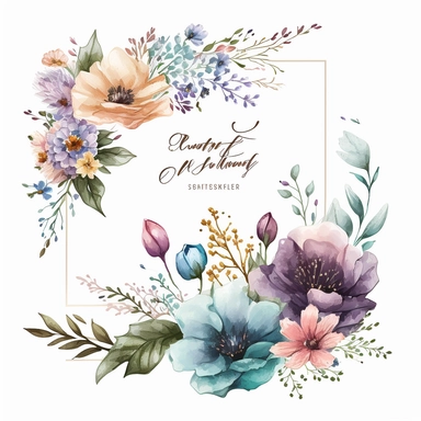 Wildflower Clipart Watercolor Floral Wedding Spring Flowers Premade Corner Arrangement. Bachelorette party, pink, blue, purple and brown pastel colors on white background FOR GIFT CARD, WEDDING INVITATIONS