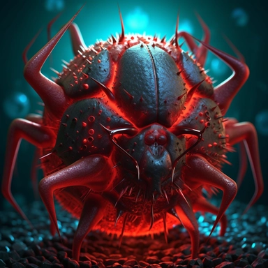 A highly detailed 3D rendering of a virus with a sinister look, emitting a faint red glow in a dark background. The style is scientific and technical, conveying a sense of precision and accuracy. The mood is ominous and threatening, hinting at the potential danger that the virus poses. The lighting style is sharp and focused, highlighting the contours of the virus and its intricate structure. Created by Dr. X, Clipart graphic, sticker, vector, svg, solid white background