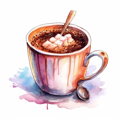 one cup of hot chocolate clipart on a white background, in the style of watercolor illustrations, tilt-shift lenses, detailed sketching, vibrant color choices, elaborate borders, isometric, assemblage pieces, no watermark, text, 300 DPI , typography, shapes do not stick together, no text in the picture, on a white background