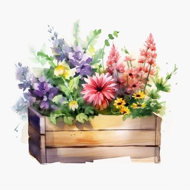 Clipart, a watercolor painting of a wooden flower box filled with beautiful flowers and plants, in the style of yanjun cheng, colorful animations, rough clusters, clean and simple designs, leica cl, warm color palettes, colorful washes, white background