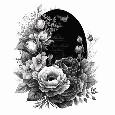 clipart aquarelle detailed, unique floral tribute, dark colors, loss and funeral theme, Black and white flowers