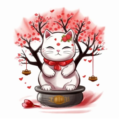 Cute Blessing Lucky Cat Clipart with bonsai tree, on white background
