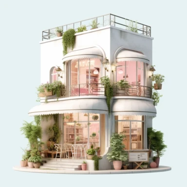 Lovely pink French cafe with a vintage - inspired charm. The exterior is adorned with pink floral accents and classic French signage. Inside, the cafe offers a cozy and nostalgic ambiance. Clipart, solid white background, Ultra - detailed, hyper - realistic, intricate detail