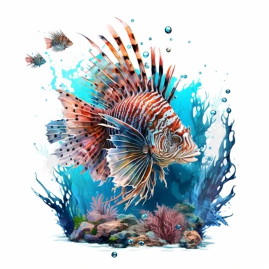 a lion fish at the bottom of the ocean floor with other smaller fishes, vibrant colors, watercolor style, clipart, white background