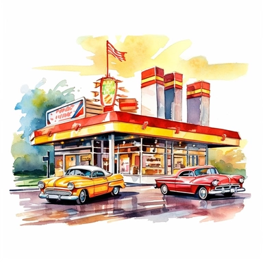 A drive-in fast food restaurant, where people enjoy classic burgers, fries, and milkshakes served by carhops on roller skates, american style, watercolor, clipart