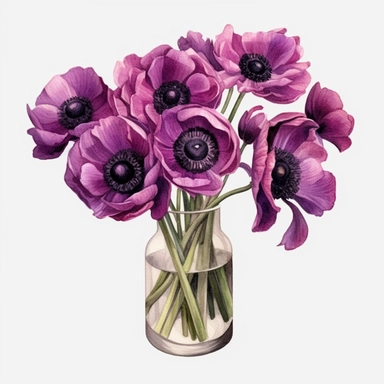 dark Magenta anemone flower bunch, watercolor, clipart, highly detailed, HD, flower bunch in a glass vase