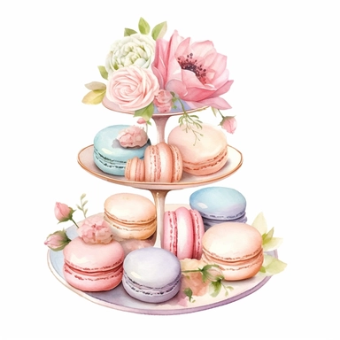Clipart, Watercolor, Blush Peony Shabby Chic Tier Candy Tray with cupcakes, Macarrons and sandwiches, light colors, hand-draw, texture
