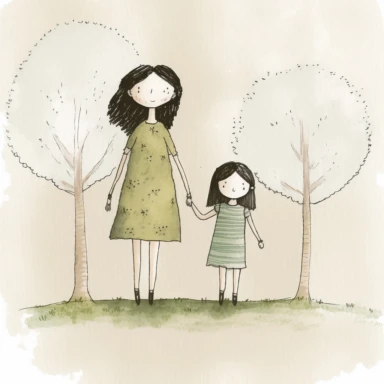 mother and young daughter with black hair holding hands, with trees, watercolor and ink drawing, clipart, happy, gentle smile, beautiful watercolor ink wash coloring, thick pencil lines, Jon klassen, Adrian tomine, popular on etsy, watercolor illustrations clipart, watercolor illlustrations for kids and children, book illustrations, plain white background