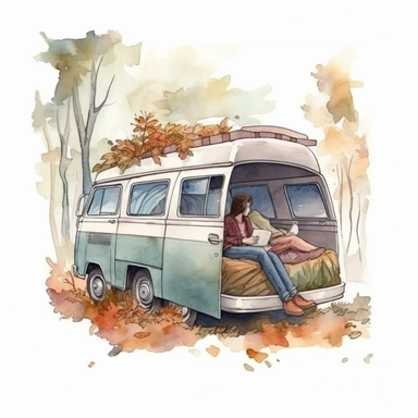 watercolor drawing and realistic look of a couple lying inside their cosy van, view from the back Doors of their van, clipart, white background, 8k, trees and leaves