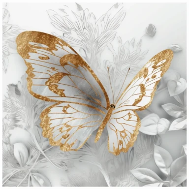 clipart, a gold butterfly on top of a floral patterned background, solid white background, white edge, minimalist background, in the style of ethereal illustrations, mende art, kimoicore, romantic emotivity, rich and immersive, soft color, wedding theme, expensive, double tone effect, white and gold, light gold and silver, wedding theme