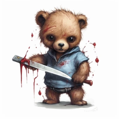 JK Rowling illustration style zombie teddy bear with knife, high definition, 8k, insanely detailed, fine detail, sharp focus, illustration, white background, isolated clipart vector