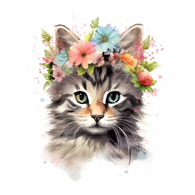 isolated clipart, cute cat with flowers on its head, highly realistic, flickr, watercolorist, uhd image, multi-layered mixed media