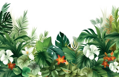 tropical plants background vector clipart, in the style of panoramic scale, white background, magali villeneuve, uhd image, creative commons attribution, unique framing and composition