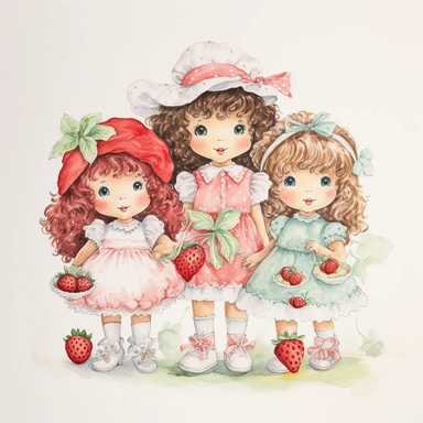 hand drawn strawberry shortcake doll and her friends, vintage 1980’s, watercolor, white background with margins, clipart style