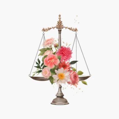 very simple clipart of Scale of justice wrapped in flowers, minimalist, scale of justice in only one colour, isolated white background, single design, 8k