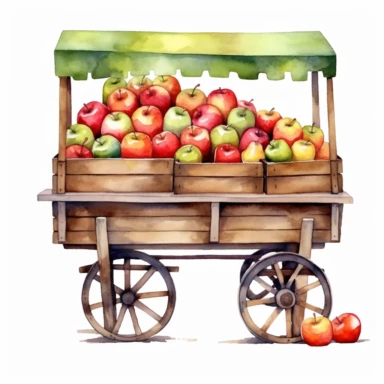 watercolor market stand with apples clipart, white background, realistic with high details, beautifully colored with strong palette pastel colors, 32k hd, detailed quality
