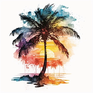 watercolor detailed palm tree on the beach with sunset in the back clipart, white background, no text