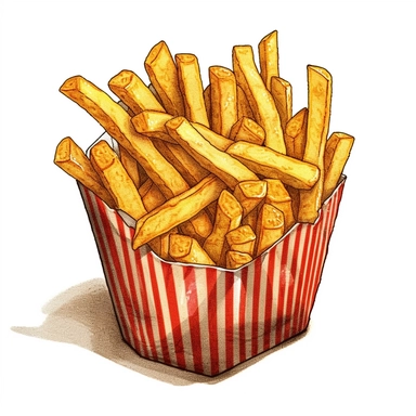 Envision a delightfully tempting clipart of French fries. These hand-drawn fries are piled up generously, spilling over from a nostalgic checkered paper cone. Their golden hues and crispy texture are illustrated with fine detailing, right down to the salt granules that season them. Each fry is individually drawn, showcasing the artist's attention to detail. Placed against a pure, white background, the warm colors of this delicious French fries clipart stand out and make it truly appealing.