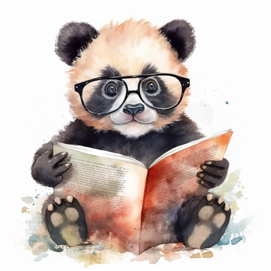 Create a watercolor illustration clipart of a playful cute Baby Panda Reading a newspaper with glasses, with its full body visible. Use soft, flowing brushstrokes and a warm, inviting color palette to create an image that is both charming and whimsical. Incorporate intricate details like the motion of Baby Panda Reading a newspaper with glasses to create a lifelike, realistic image. Can add other elements to the illustration like related item to play to create playful scene. Use white background