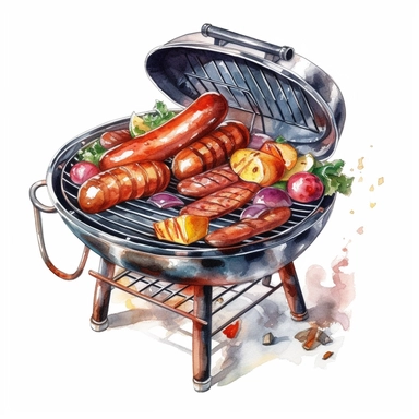a barbecue grill with sausages and hamburger patties on the grate watercolor sketch, clipart, white background