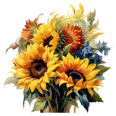 watercolor drawing of bouquet of sunflower, edwardian beauty, whitcomb-girls, colorful gardens, detailed illustrations, bloomcore, realistic color schemes, clipart