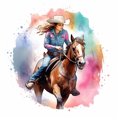 barrel racer illustration, nebular mix background, clipart, photorealistic illustration, watercolor, high detail, 8k polished, 8k, vibrant colors, sticker, majestic, die cut, white background