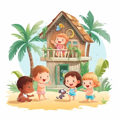 cute babies playing at the summer house, family in background, summer time, no watermark, white background, clipart
