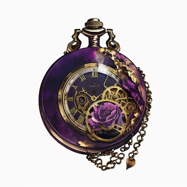 Steampunk pocket watch with a purple face and gold gears ,watercolor, Steampunk, dark purple color theme, Detailed, clipart, sweet, png transparent background