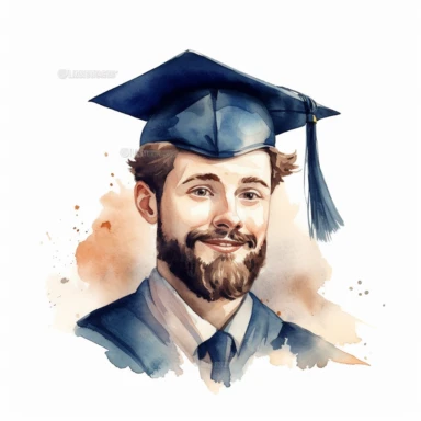 watercolor male student with facial hair graduation clipart on a white background