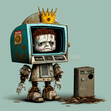 garbage pale kids format, pop surrealism digital art image of broken down, old, rusting, cartoonish, humanoid robot wearing tattered, McDonalds style uniform made of human clothing, The robot is in an art style inspired by artists like Tara McPhereson, Nooligan, and Robin Eisenberg. To be used for digital clipart. Use dull, 1970's style, yellow, green, brown color scheme for the robot. The robot is serving a giant footlong sandwich from behind the counter of a fast food restaurant