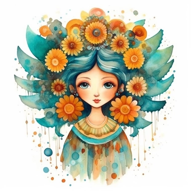 the folk art image shows a colorful flower angel, in the style of aquamarine and amber, chic illustrations, i can't believe how beautiful this is, aztec art, aquarellist, charming characters, symbolist creations, clipart style, shabby-chic