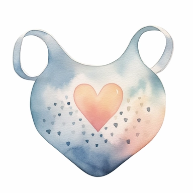 A delightful watercolor baby bib in neutral tones, with a small blue or pink heart on the front for the gender reveal ,--clipart