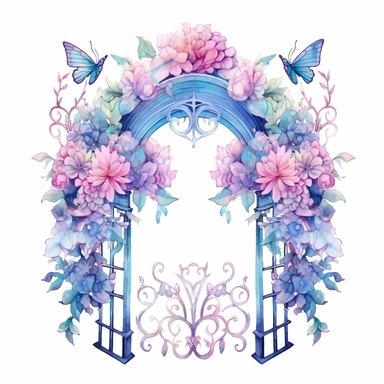 Celestial Floral Gate Clipart, Watercolor Cartoon, hyper realistic, intricate detail, illustration style, high resolution, on the white background