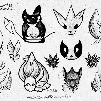 Pokémon style animal, tattoo flash sheet, separate images, black and white, sticker, line art, clipart, white border