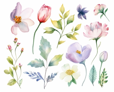 watercolor flower clip art for april, in the style of dreamlike composition, white background, ethereal foliage, show only one foliage, luxurious fabrics, pictorial dreams, use of bright colors, poetic pastoral scenes