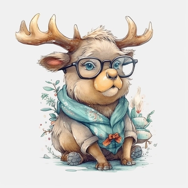 kawaii adorable fantasy elk wearing cute glasses, nursery art, clipart image, line art image, white background, inspired by yoshitaka amano art, very detailed, 8k