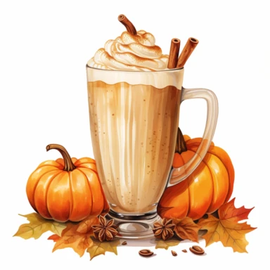 watercolor pumpkin spice latte, highly detailed color ink illustration, autumn season details, white background clipart 8k