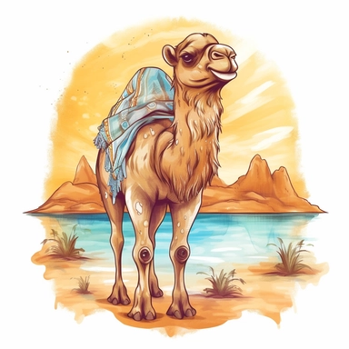 Cute camel in desert back side on sunset sublimation, summer time, watercolor, clipart, illustration, digital art, for tshirt, simple design, clean, highly detailed, 8k, white background