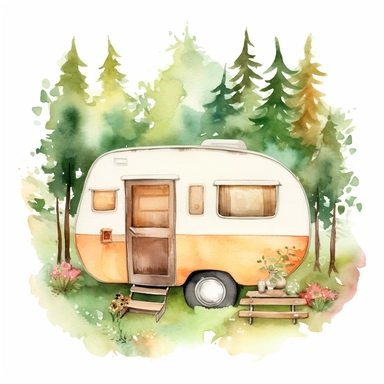 cute watercolor vintage camper clip art, woodland background