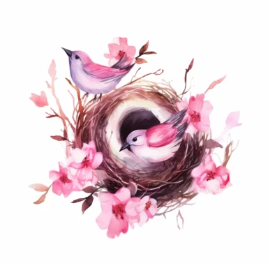Watercolor Bird Nest with pink flowers Clipart, white background