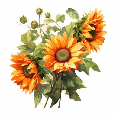 an orange sunflower branch clipart, in the style of combining natural and man-made elements, oil painting, light brown and leafy green, realistic brushwork, white background, decorative, cheerful, sunny, summery