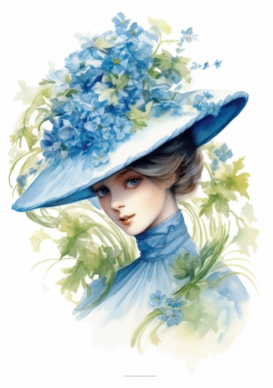 A light blue Victorian hat entirely covered in light blue forget-me-nots and green foliage in a watercolor clipart, featuring a Victorian woman in a corresponding blue dress adorned with flowers - white background