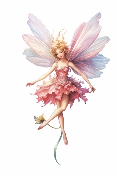detailed pastel pencil illustration of cute flower fairy, dancing, clipart, plain isolated white background, 8k ultra detail high sharpness