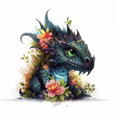 baby black dragon, visible teeth, scary face, angry, few vibrant flowers grows on his neck, very detailed, clipart, white background