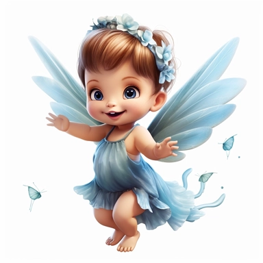 a beautiful happy baby fairy girl, blue flowered dress, blue eyes, highly detailed image, full body image, big wings, pixar style, clipart, white background,