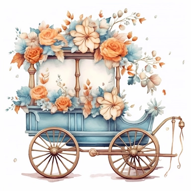 free watercolor and flower cart clipart, free png files, in the style of claudia tremblay, candycore, light azure and bronze, uhd image, caffenol developing, kris kuksi, toyen