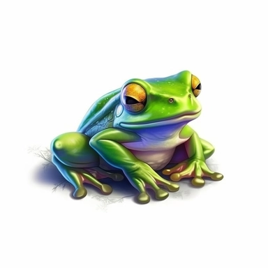 lovely green baby frog being lazy, rainbow details, clipart, digital painting, light ink, very detailed, very realistic, white background, maximum saturation intense bright colors, very bright mood