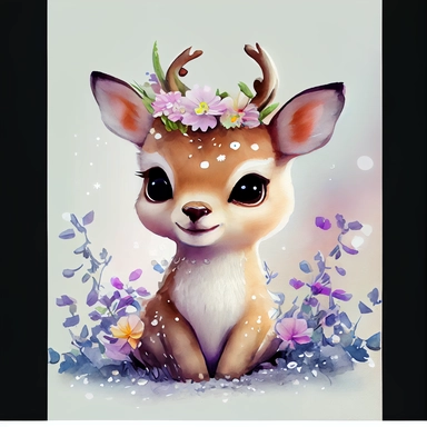 happy baby deer sitting colorful with a big head, big sparkling eyes, flowers on the horns, watercolor Illustration clipart, 4K, extremely detailed